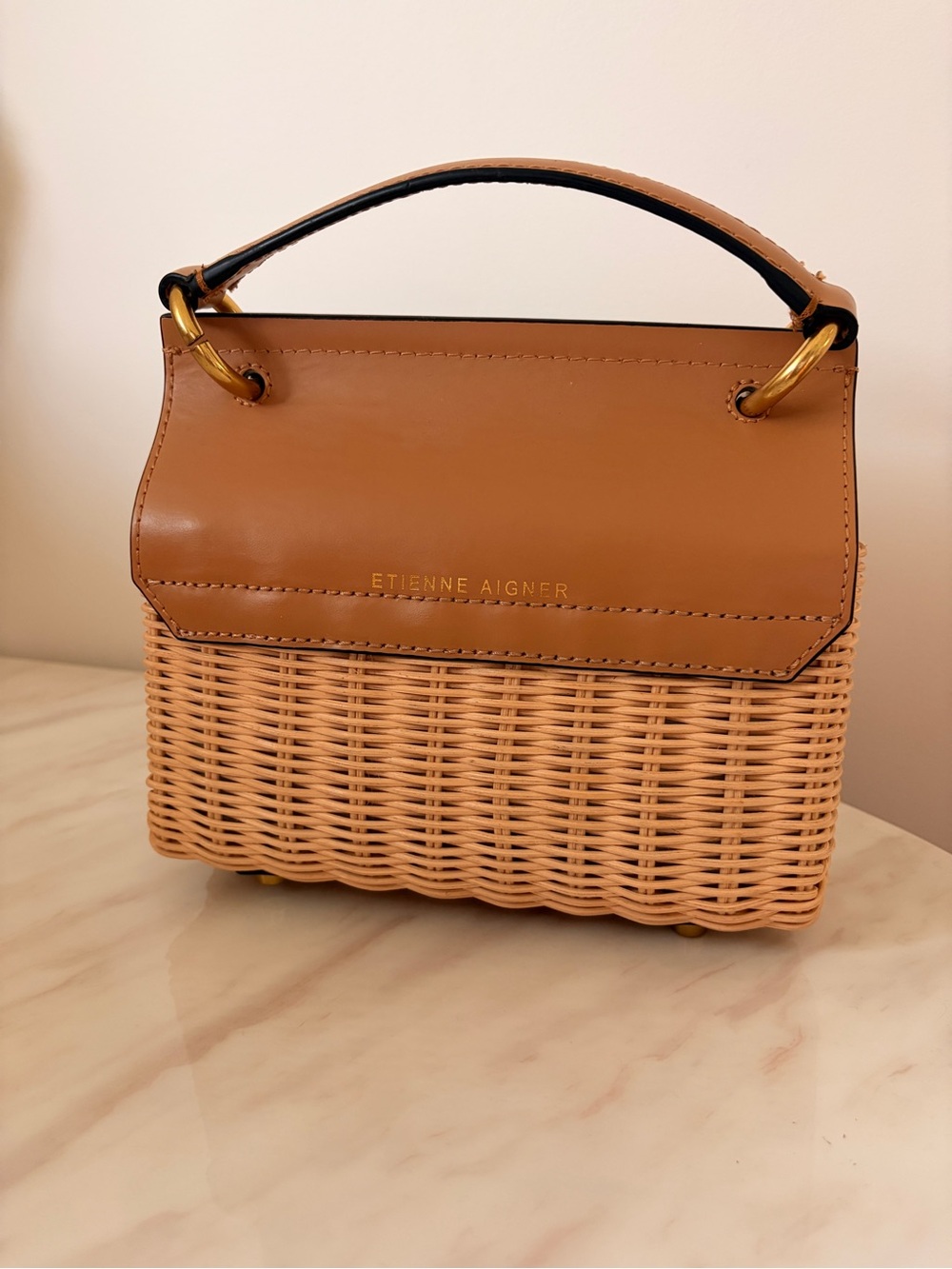 Etienne Aigner Wicker Handbag with Tan Leather Flap and Gold Hardware - Picture 5 of 7